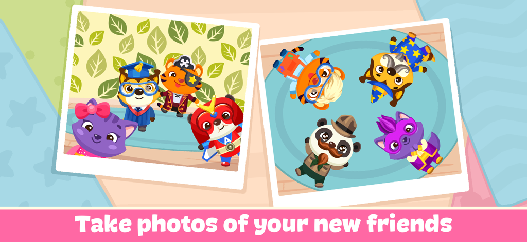 Baby Dress Up Games for Girls! - 여자 아기를 위한 드레스업 게임의 다채로운 의상을 입은 귀여운 동물들의 폴라로이드 사진