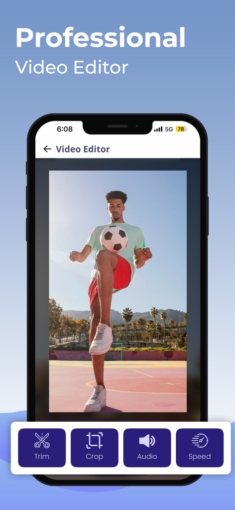 Screen Recorder: Create & Edit - Smartphone screen showing the Professional Video Editor feature with trim crop audio and speed tools