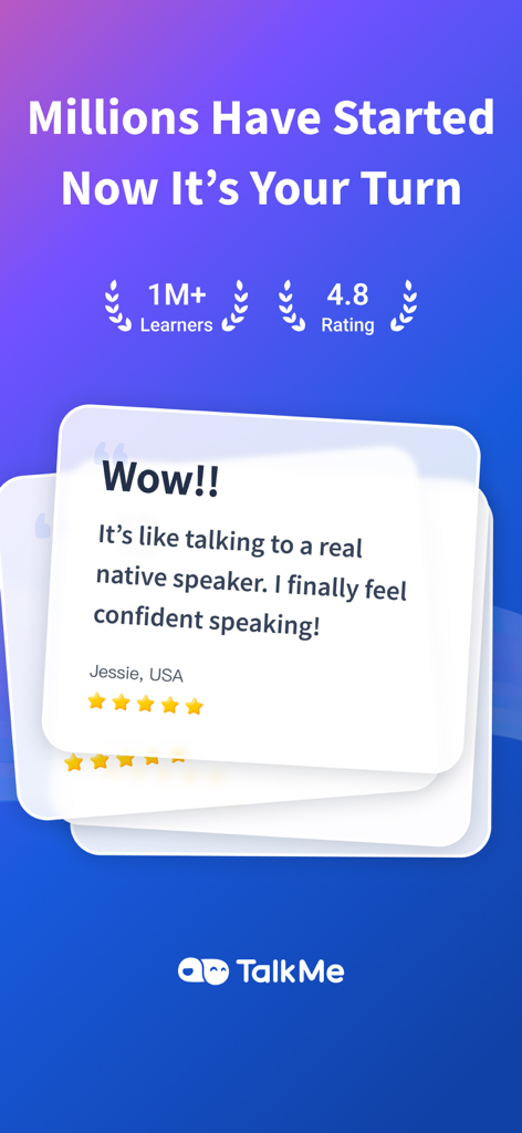 TalkMe: Speak & Learn English - 4.8の評価と100万人以上の学習者を示すユーザーの証言を表示するTalkMeアプリのスクリーンショット