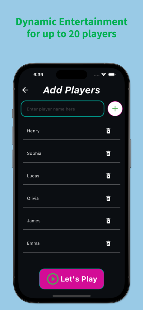 Truth or Dare app interface for adding names of up to 20 players for a party game