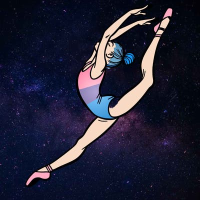 gymnast doing a leap in a leotard with a bent back leg