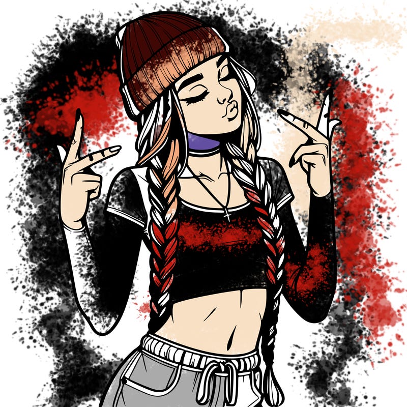 realistic teenage girl with braids and a beanie and crop top doing 🫶🏼