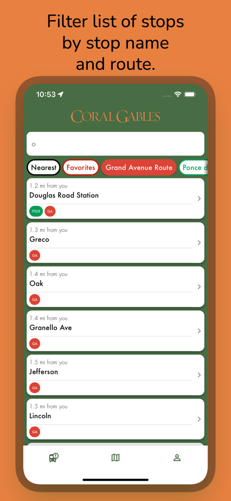 Captura de tela do iPhone do aplicativo Coral Gables Trolley Tracker mostrando uma lista de paradas próximas e botões de filtro de rota como Grand Avenue Route e Ponce de Leon.