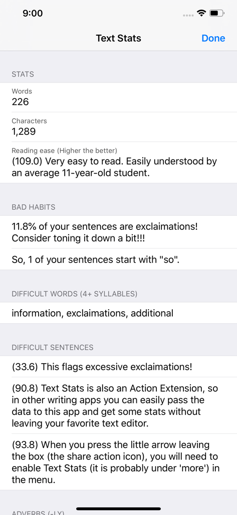 Text Stats App-Oberfläche zeigt Wortanzahl, Lesbarkeitsbewertung und Analyse von Schreibgewohnheiten an
