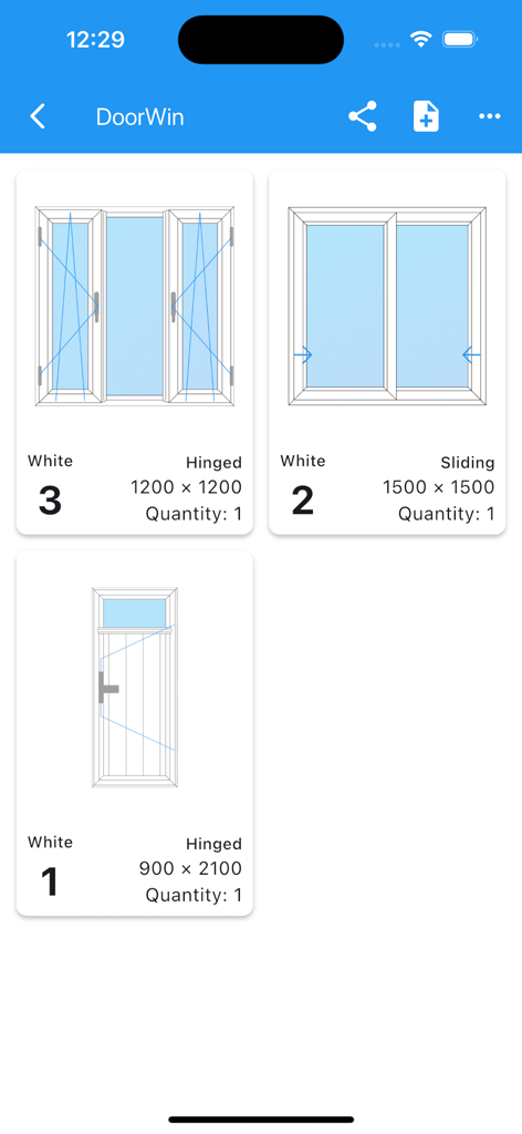 DoorWin PVC uPVC Aluminium - Vista general de proyectos de la aplicación DoorWin que muestra dibujos técnicos de ventanas y puertas abatibles y corredizas con dimensiones