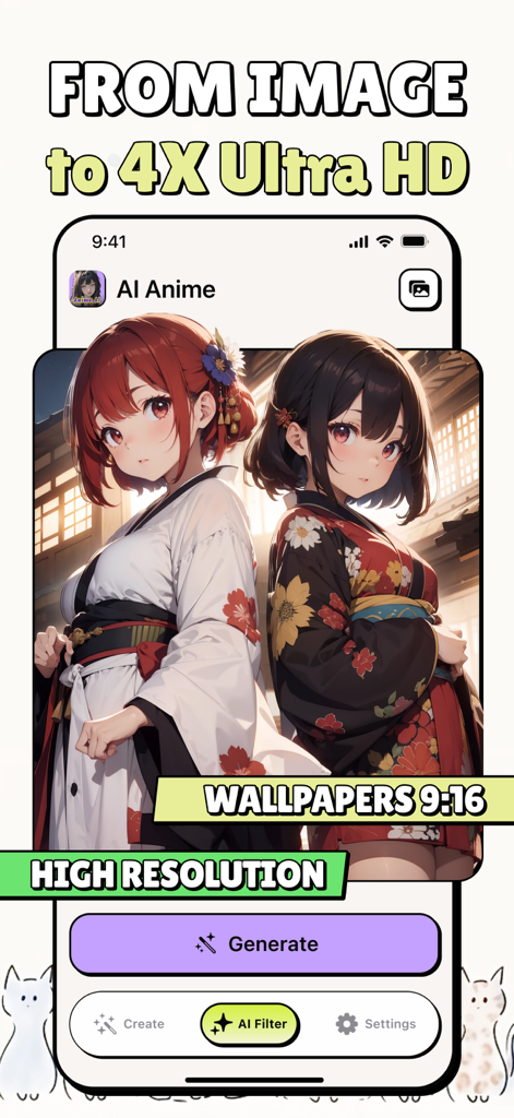 Anime Art: AI Photo Generator - AI generated high resolution anime art of two girls in kimonos for mobile wallpapers