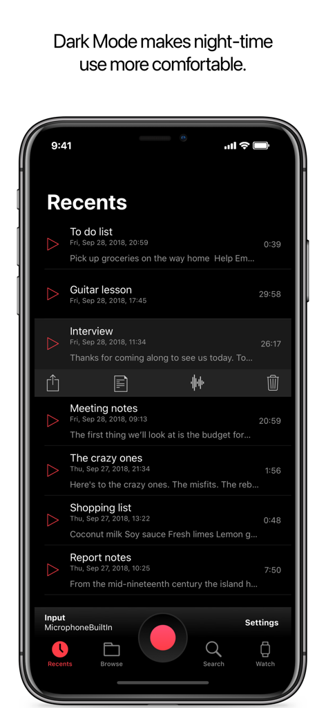 Just Press Record - Just Press Record mobile app interface on iPhone featuring dark mode with a list of recent voice recordings.