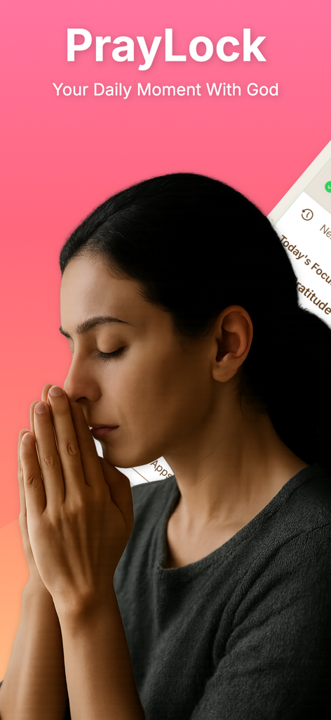 PrayLock : Prayer Screen Time - A woman in prayer with her eyes closed under the text PrayLock Your Daily Moment With God on a pink background