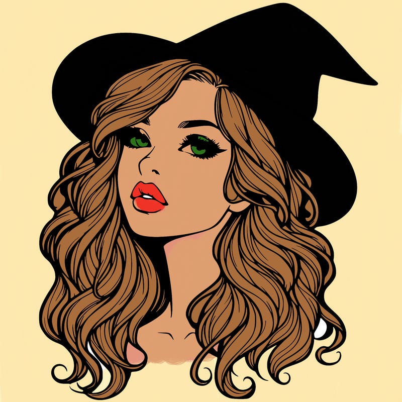 realistic witch girl with wavy hair and lips