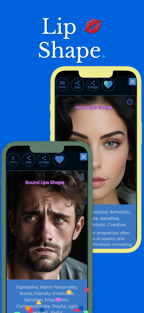Face Shape Analyzer - Hair AI - Captura de tela do aplicativo móvel mostrando análise de IA de formatos de lábios em coração e redondos com traços de personalidade