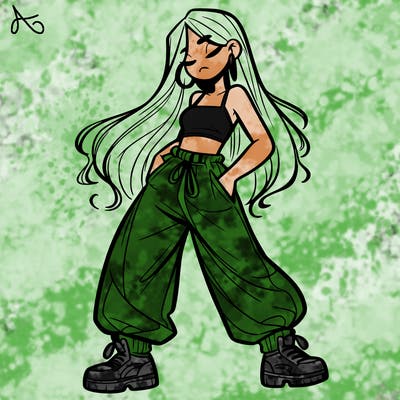 girl in baggy pants crop top and long hair