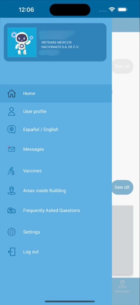 Side navigation menu of the SIMNSA app showing options for user profile, language toggle, vaccines, and frequently asked questions.