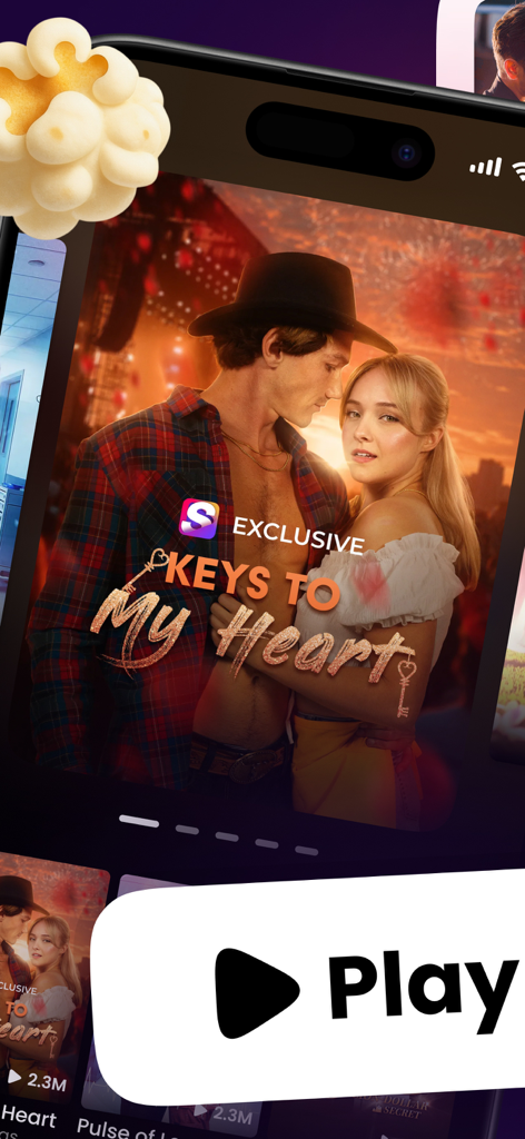 Shortical - Shortical app interface showing a romantic short drama titled Keys to My Heart with a couple on the screen