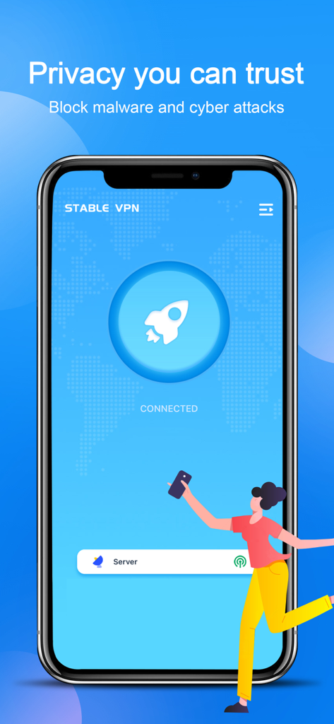 VPN Stable - Fast & Secure VPN - Interface of the VPN Stable app on an iPhone showing a successful connection and privacy protection features.