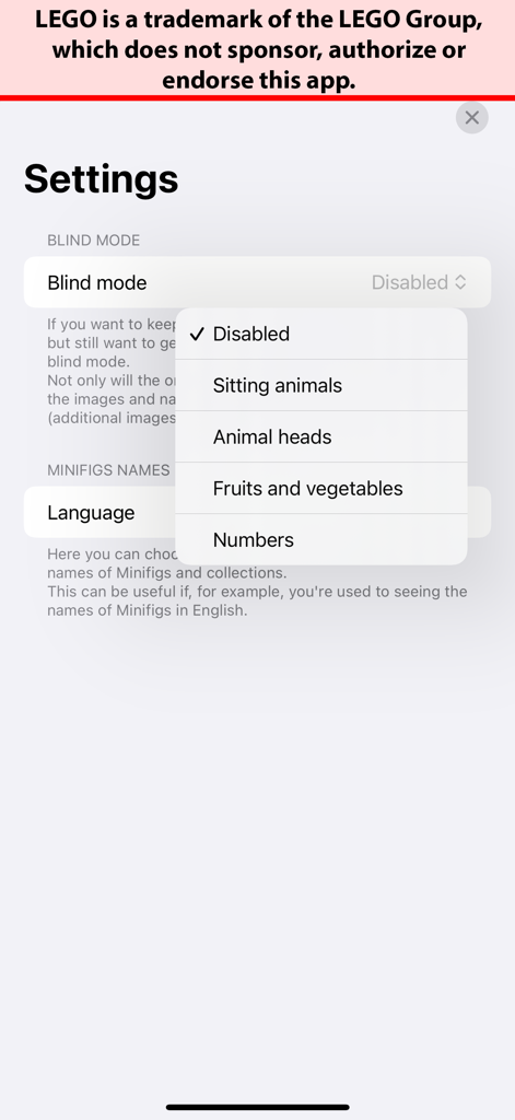Minifig Scan - Settings screen of the Minifig Scan app showing blind mode and language customization options