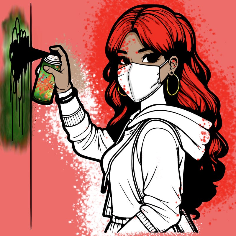 realistic girl with mask spray painting a wall