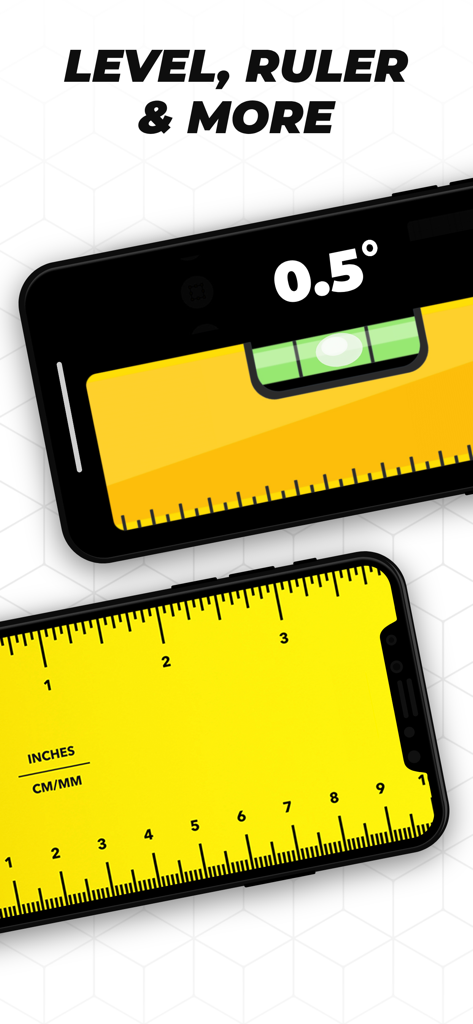 iPhone screens displaying the digital bubble level and ruler features of the Tape Measure app
