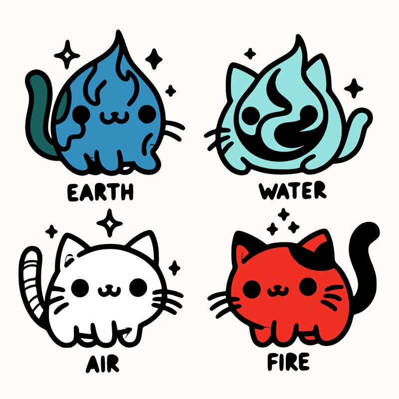 4 cats that represent the different elements, earth, water, air, and fire
