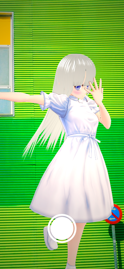 Pose Mixer AR - Una personaje anime con un vestido blanco posando frente a una pared corrugada verde en modo RA