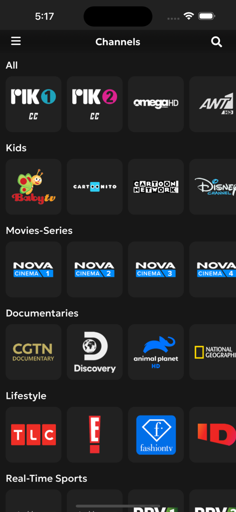CytavisionGo mobile app interface showing various TV channels categorized by kids, movies, series, documentaries, and lifestyle.