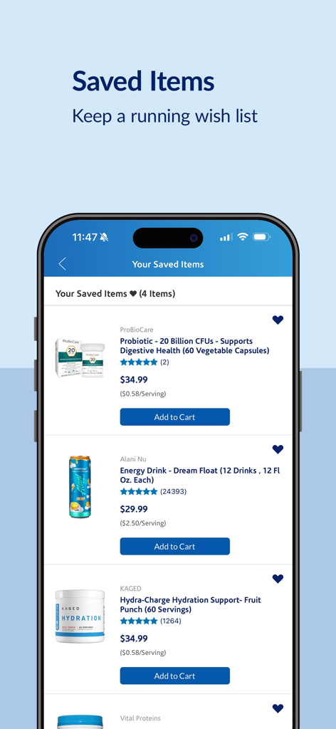 A mobile screen showing the Vitamin Shoppe app saved items page with a wishlist of probiotics energy drinks and hydration supplements