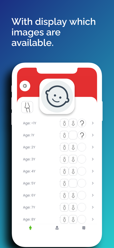 Pedbone App-Oberfläche mit Anzeige der Verfügbarkeit von radiographischen Bildern für Kinder nach Alter und Geschlecht.