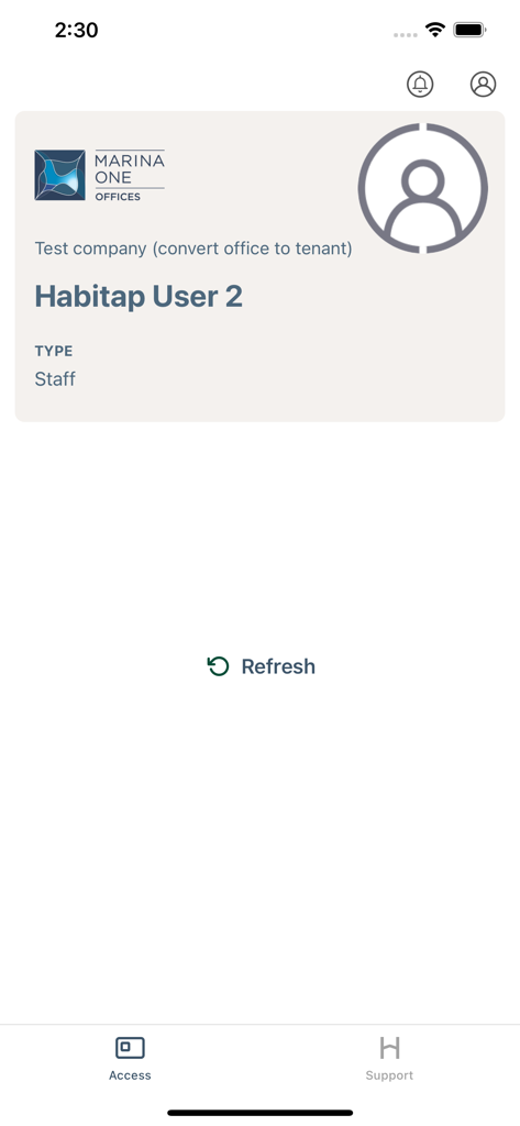 Marina One Office - Digital staff ID card screen in the Marina One Office app with navigation for access and support