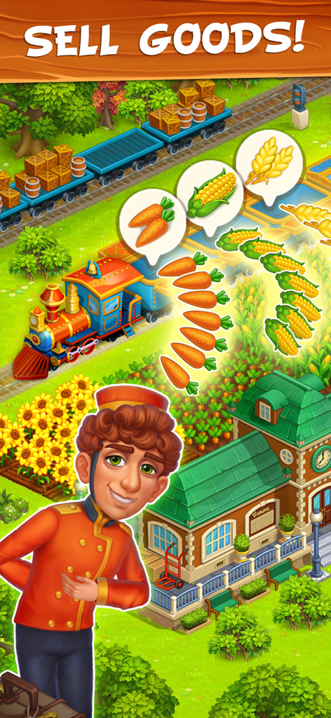 Family Farm - Farming Game - A cheerful character standing by a train loaded with crops and goods to sell in a tropical farm setting