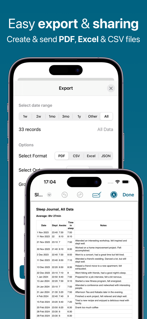 Sleep Tracker CPAP Feeltracker - Interface for exporting sleep logs and journal records into PDF or CSV formats