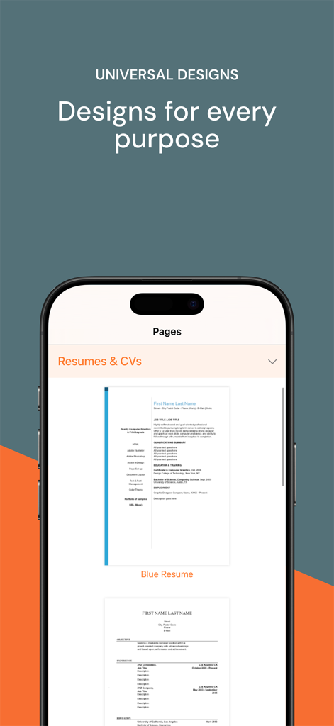 Templates for Pages Pro - Mobile App-Oberfläche mit professionellen Lebenslauf- und CV-Vorlagen für Apple Pages
