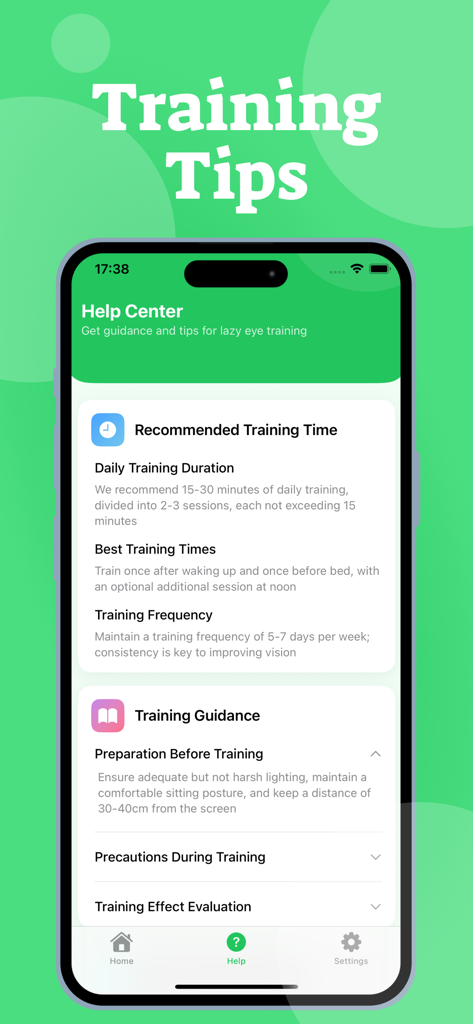 Lazy Eye & Amblyopia Exercise - Help center screen of the Lazy Eye app showing recommended training times and preparation guidance