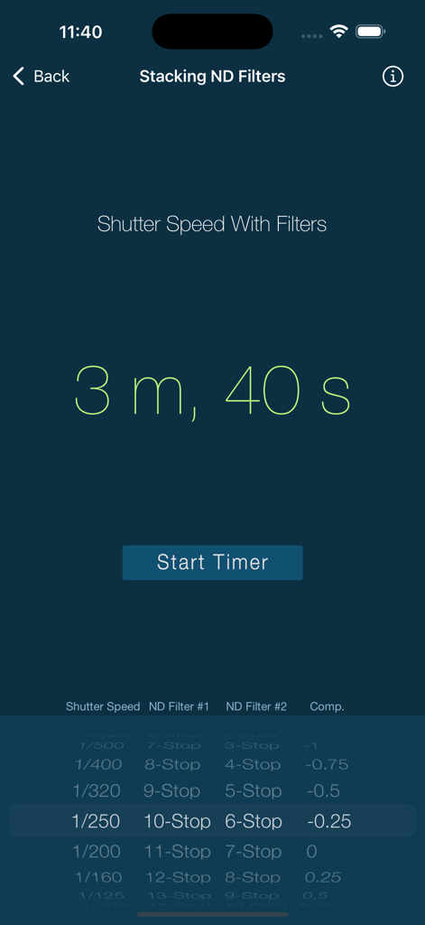 LExp - Long Exposure Calcs - LExp app screen showing long exposure calculation for stacking two ND filters with a shutter speed of 3 minutes and 40 seconds
