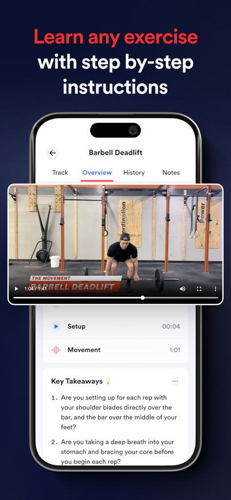 Caliber: Strength Training - Écran de smartphone affichant un tutoriel vidéo de soulevé de terre à la barre et des instructions étape par étape dans l'application Caliber.
