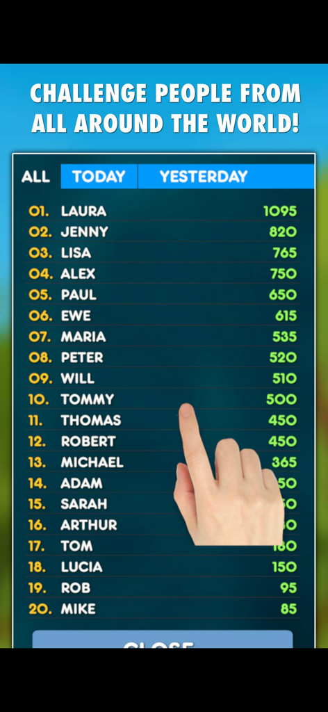 Plurals & Singulars Test - Écran de classement mondial dans l'application Plurals and Singulars Test montrant les meilleurs scores et classements des joueurs