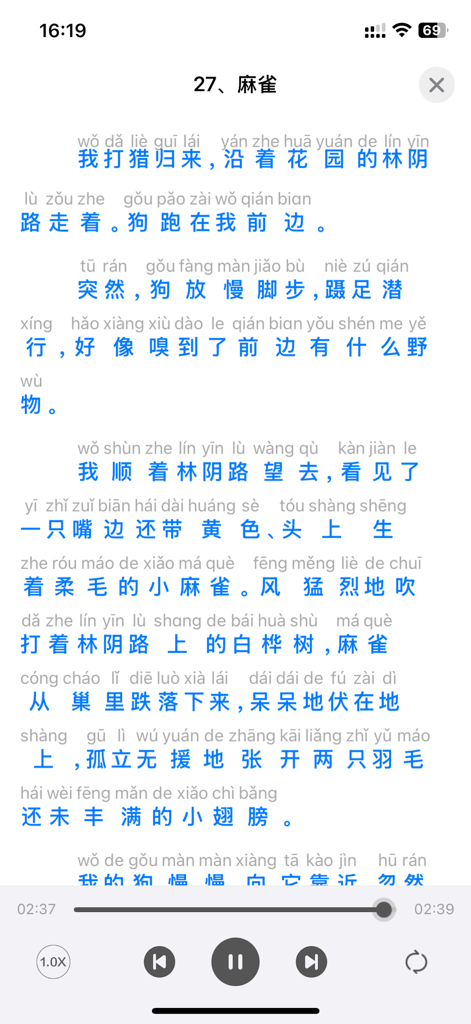 중국어 텍스트와 병음, 오디오 재생 바가 표시된 중국어 학습 앱