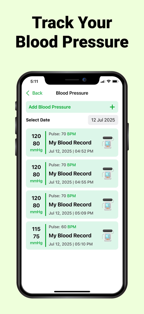 Smartphone screen showing a history log of blood pressure and heart rate readings.