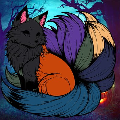 realistic detailed 9 tailed anime fox