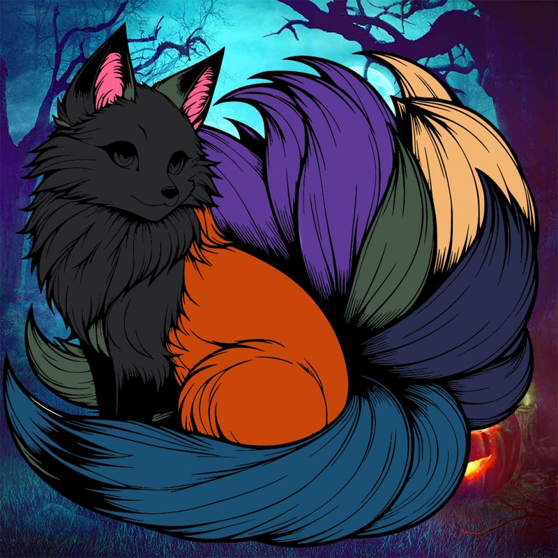 realistic detailed 9 tailed anime fox