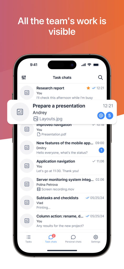 Interface of the YouGile mobile app showing a list of task chats for team collaboration and project management