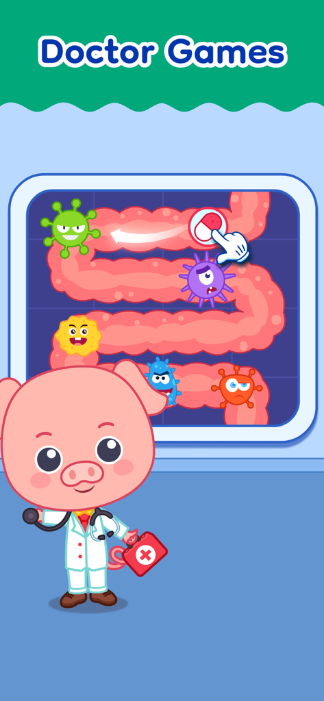 Kids & Toddler Learning Games - A cartoon pig dressed as a doctor in a mini-game where a child helps fight germs in the digestive system.