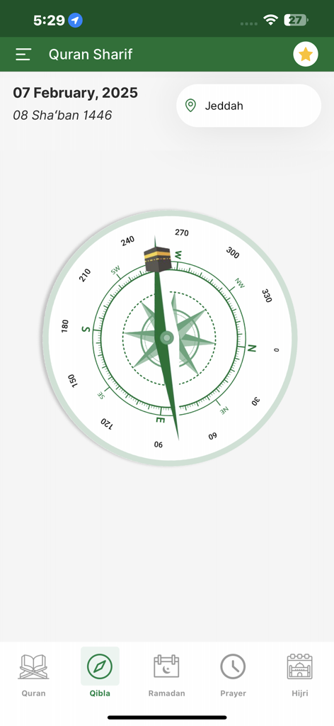 Full Quran Sharif Offline App - Digital Qibla compass for finding the direction of Mecca