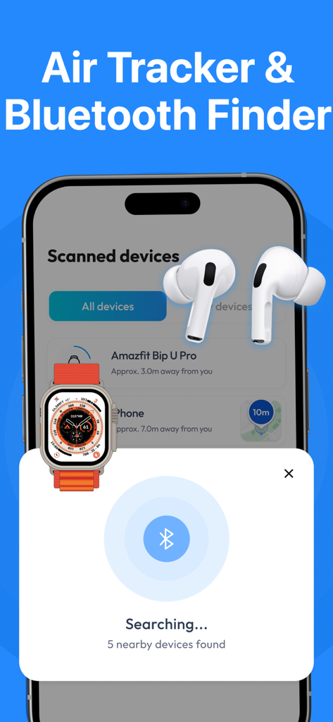 Wonderfind - Bluetooth Finder - Wonderfind app scanning for nearby Bluetooth devices like AirPods and smartwatches with distance indicators