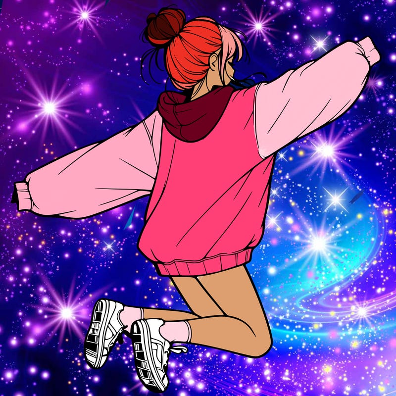 realistic girl jumping with a bun and oversized sweatshirt