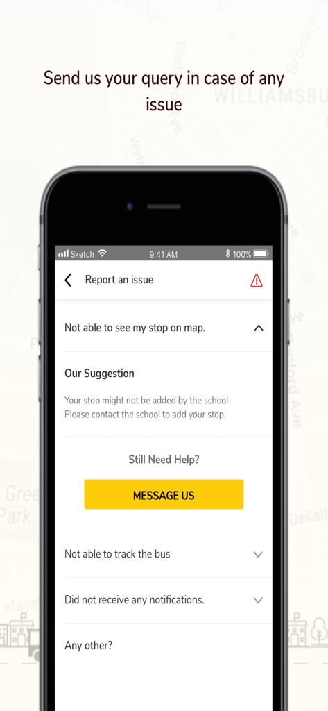 yellow.live - Support screen of the yellow.live school bus tracking app with options to report issues and contact support.