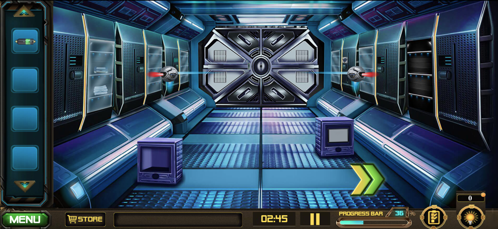 Escape Mystery - Alien Impact - Futuristic space station hallway with security drones and a locked door in a sci-fi puzzle game