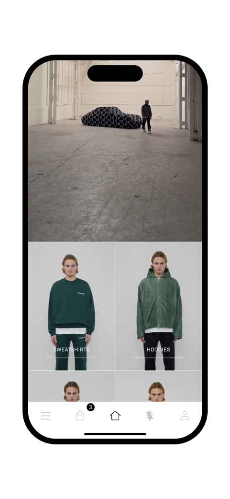 Cole Buxton - Schermata principale dell'app mobile Cole Buxton che mostra collezioni di felpe e felpe con cappuccio in un layout minimalista.