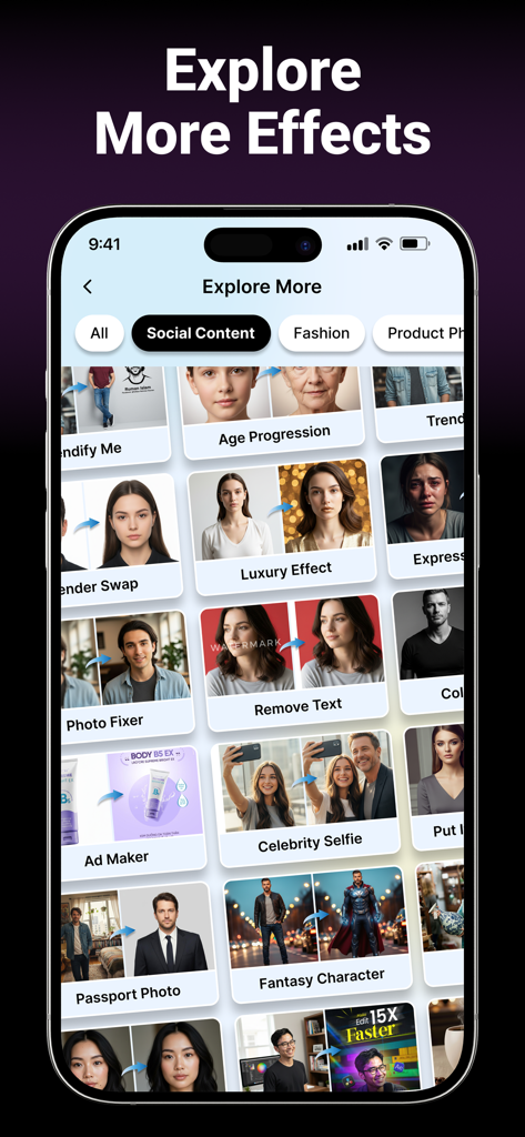 PaintIt AI: AI Image Generator - Interfaz de la aplicación PaintIt AI mostrando un menú de efectos de fotos IA como Progresión de Edad y Personaje de Fantasía