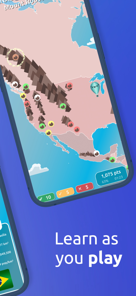 GeoExpert - Learn Geography - Un cuestionario de geografía en la aplicación GeoExpert que muestra un mapa de América del Norte con iconos de montañas y un contador de puntuación