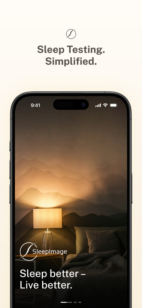 SleepImage app welcome screen featuring the slogan Sleep Testing Simplified and a peaceful bedroom background.