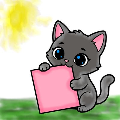 a small cat with a blank sheet of paper in its hand. the cat is sooooooo cute!